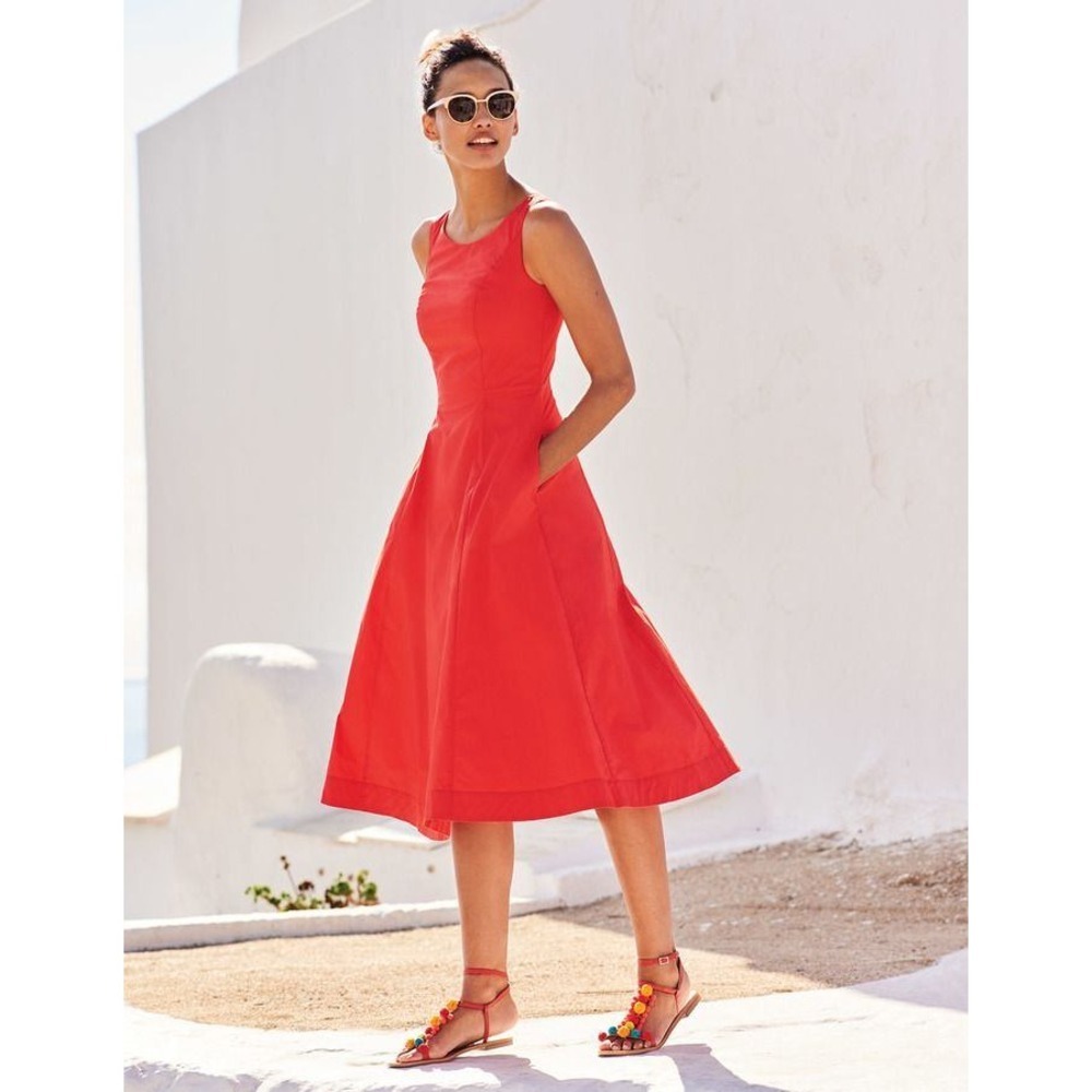 Boden Elena Fit and Flare Midi Dress 10R Red Sleeveless Preppy Retro Pockets